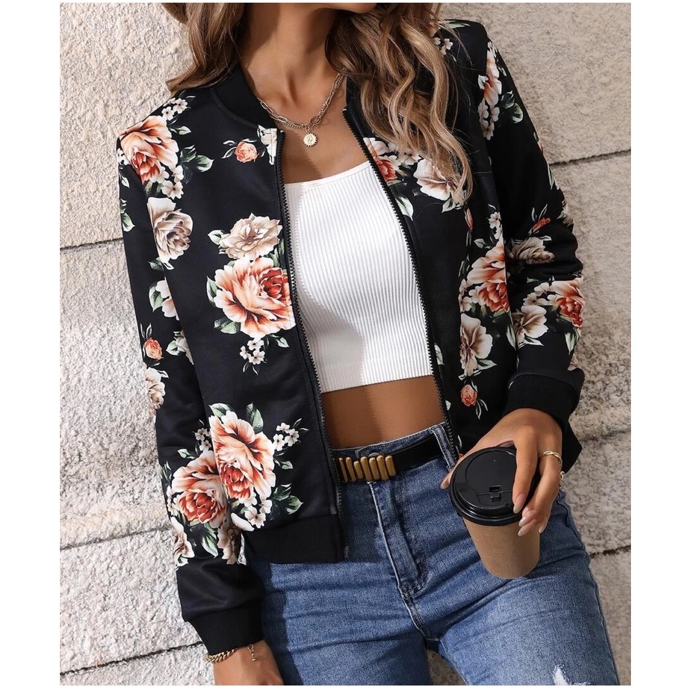 Boho Floral Print Zipper Light Bomber Jacket